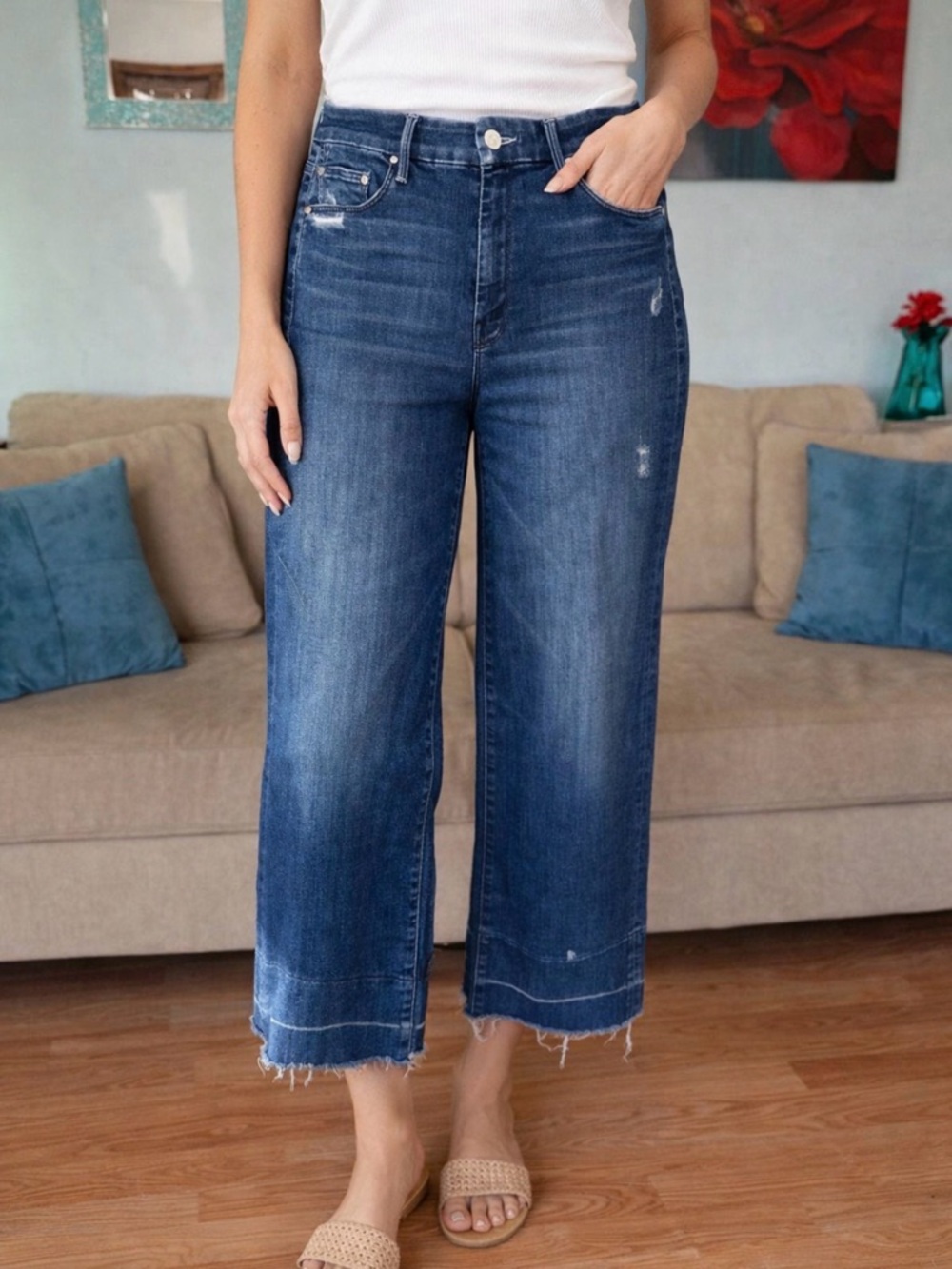 MOTHER The Roller Crop Undone Hem Wide Leg Dark Graffiti Wash High Rise Jean 26